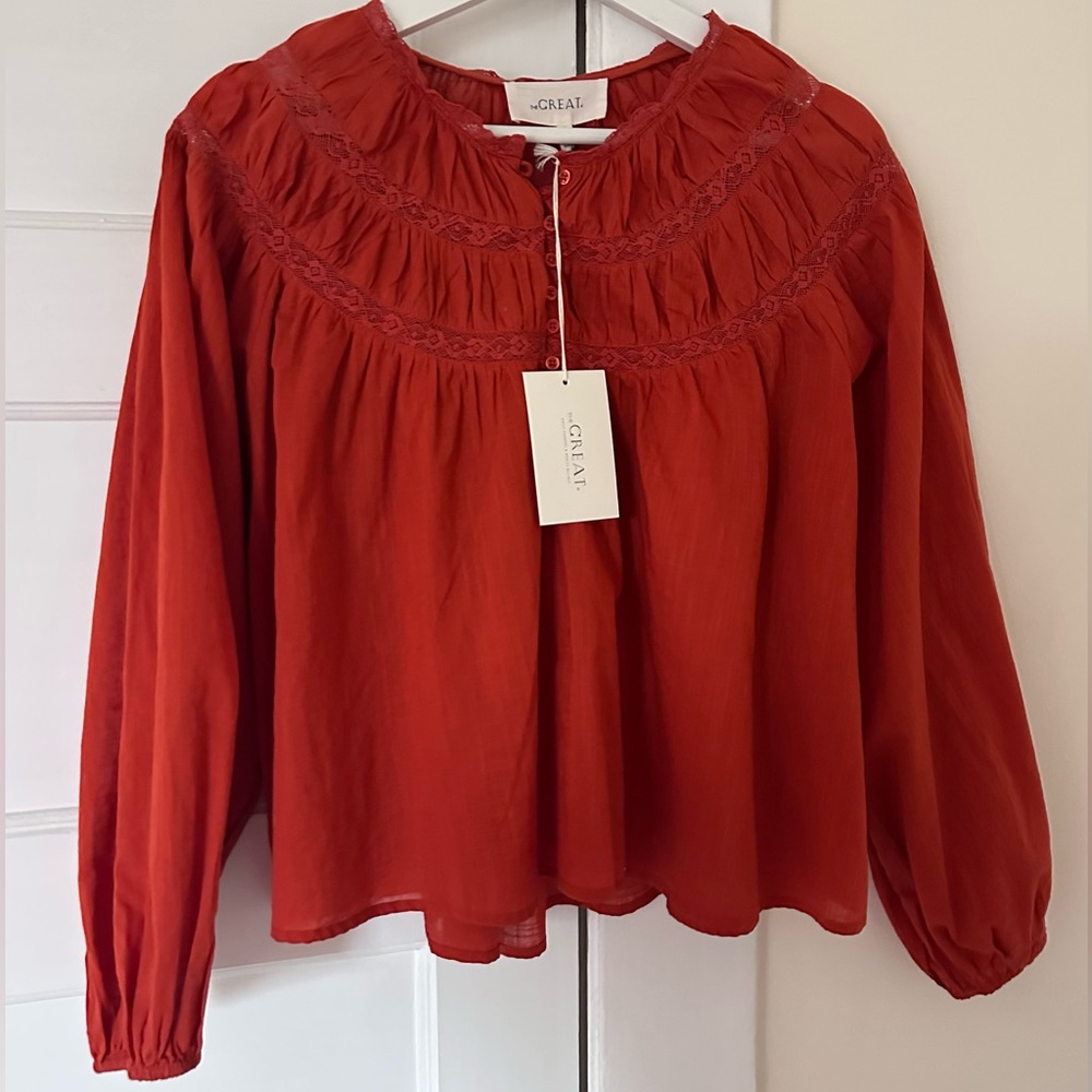 THE GREAT. Red Ruffled Yoke Long Sleeve Blouse
